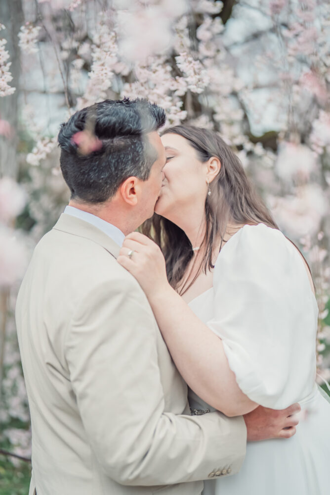 A couple kissing after their vow exchange beneath cherry blossoms at Maruyama Park in Kyoto during a romantic spring elopement photoshoot.